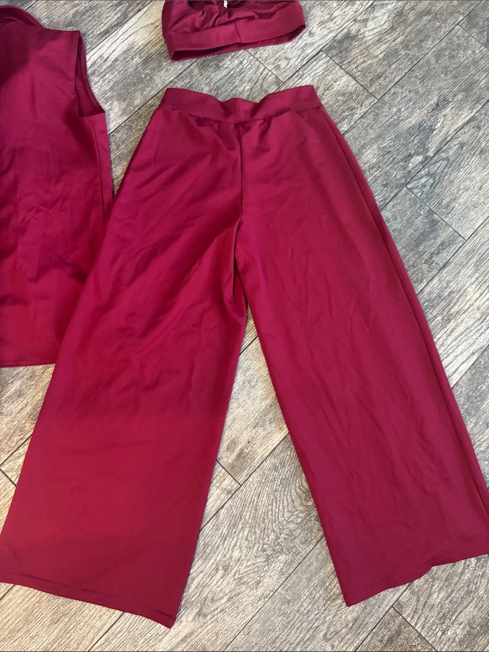 Red Three-Piece Dance Set for Kids - Vest, Crop Top & Wide-Leg Pants
